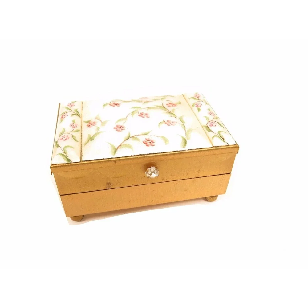 ANTIQUE RARE PINK FLOWERS GREEN LEAVES GUILLOCHE ENAMEL TIERED JEWELRY BOX‎